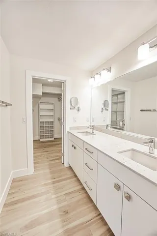 Full bathroom featuring a walk in closet, double vanity, a sink, and wood finished floors