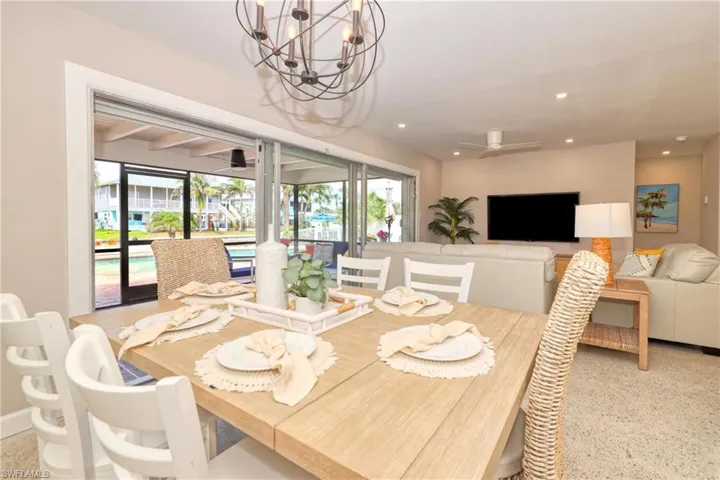 Dining room featuring an inviting chandelier, a healthy amount of sunlight, and recessed lighting