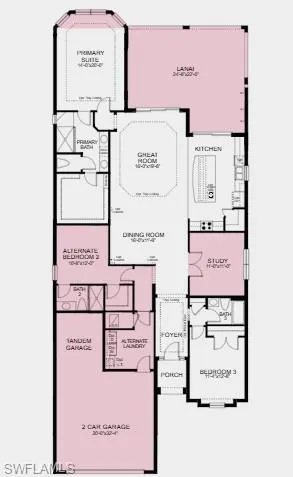 Additional Highlights include: tray Ceilings, bay window in primary, tandem garage, gourmet kitchen, casual dining extension, single pocket door off foyer, covered extended lanai, study, kitchen island sink, outdoor kitchen rough-in and impact windows.
