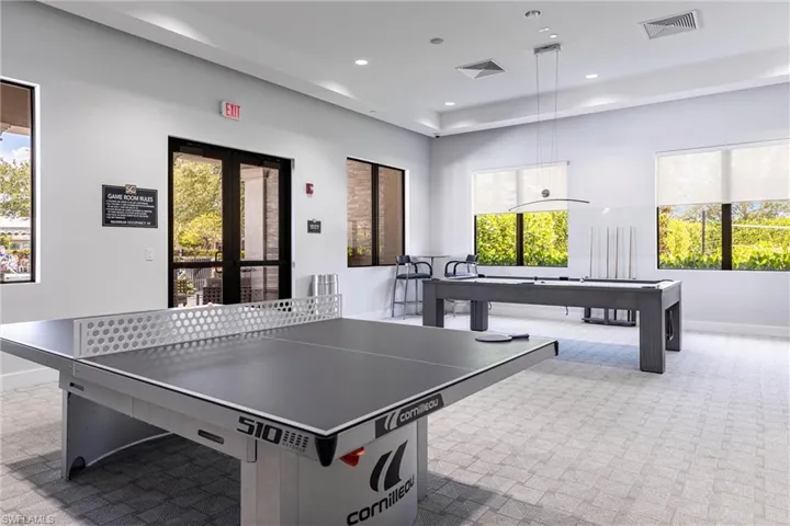 Recreation room featuring carpet flooring, baseboards, billiards, french doors, and recessed lighting