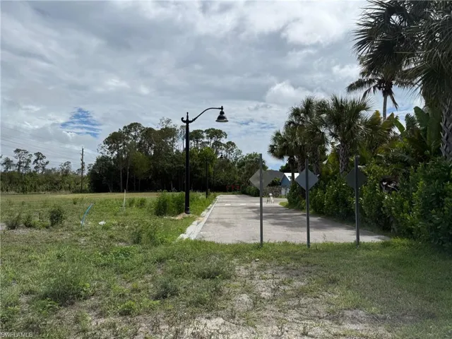 Grassed lot featuring a paved pathway, mature palm trees, and established landscaping