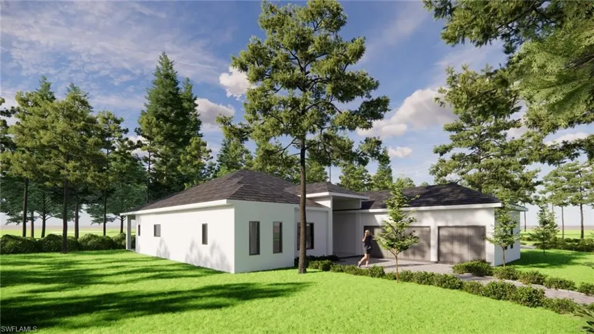 Contemporary single-story residence featuring a white stucco exterior and dark shingle roofing