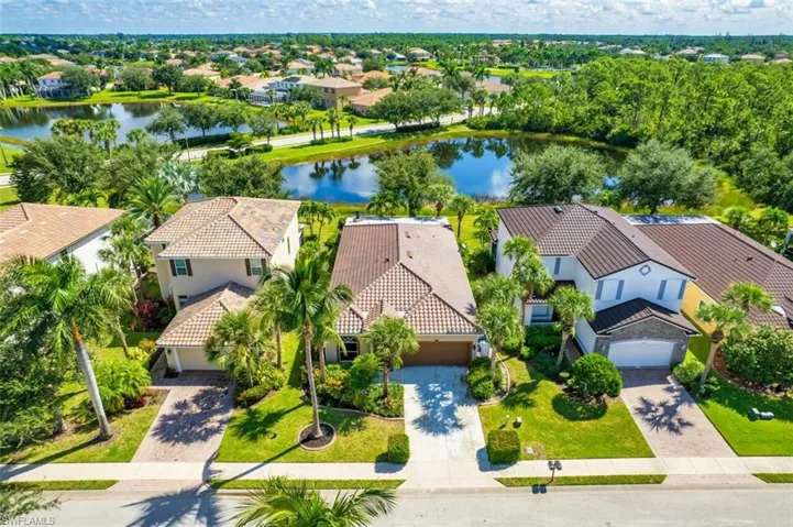 Aerial perspective of suburban area featuring a nearby body of water