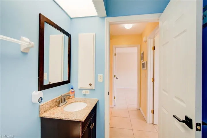 The guest bathroom with a calming blue tone