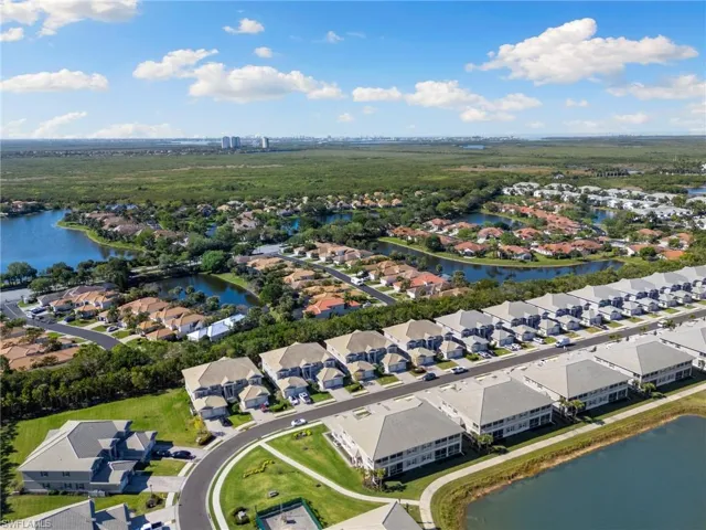 Birds eye view of property with a residential view and a water view