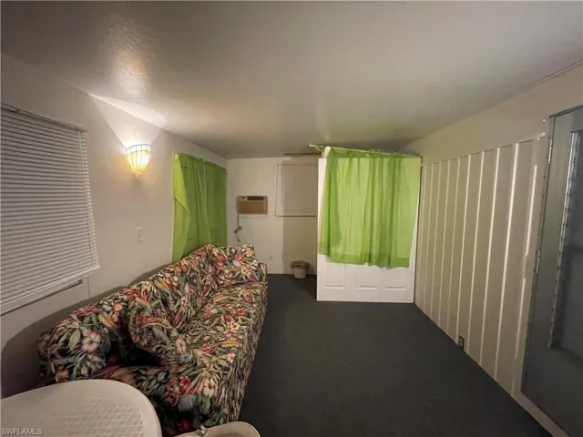 Carpeted living room featuring a wall unit AC