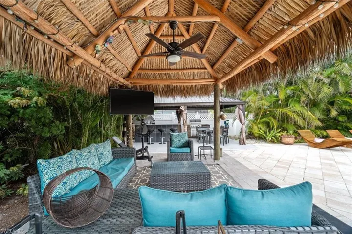 View of patio / terrace featuring outdoor lounge area, a gazebo, and ceiling fan