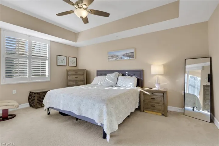 Bedroom featuring multiple windows, a raised ceiling, and carpet flooring