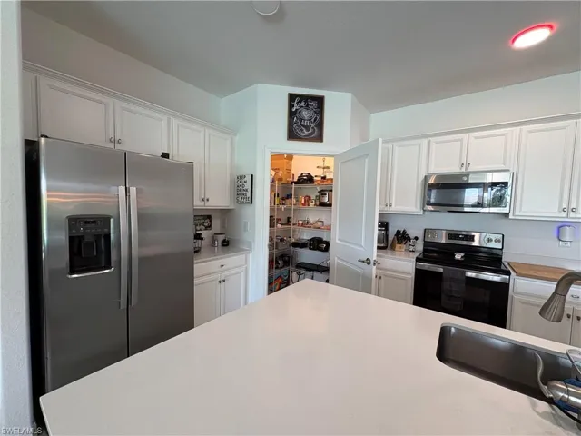 Kitchen featuring white cabinetry, stainless steel appliances, a large center island with a sink, and a walk-in pantry