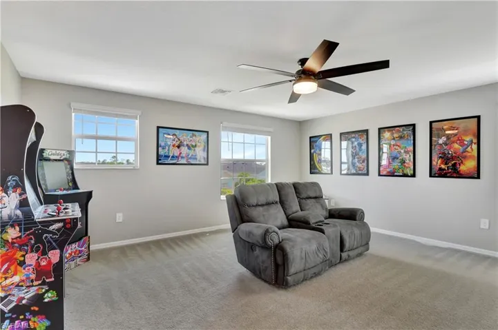 Carpeted living room featuring ceiling fan and a healthy amount of sunlight