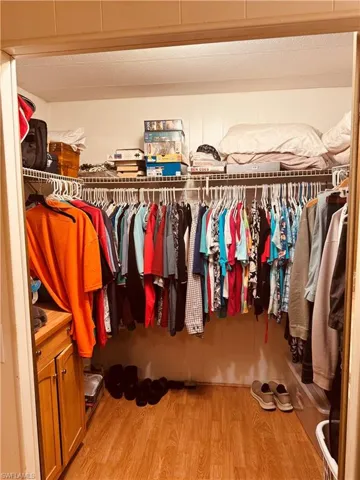 Walk in closet with light wood-type flooring