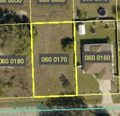 Aerial view of property's location with property parcel outlined
