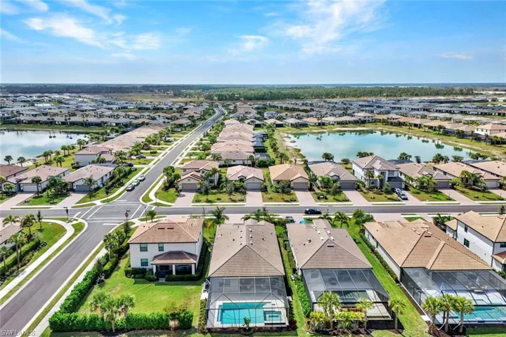Aerial perspective of suburban area with a large body of water