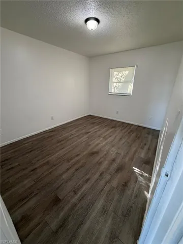 Unfurnished room featuring dark wood-style floors and a textured ceiling
