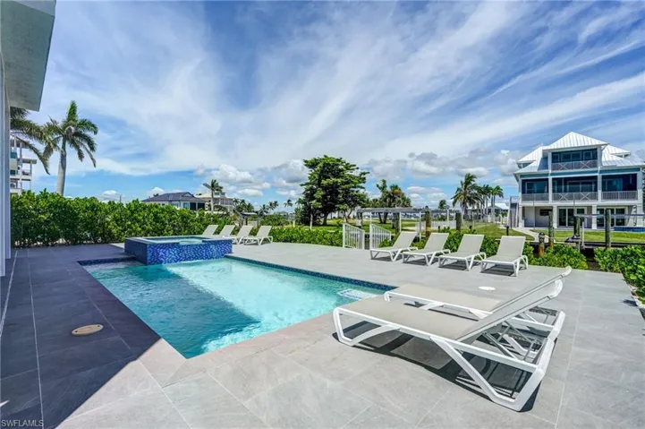 Lazy day by the pool with a patio with connected hot tub - Virtually Edited Image