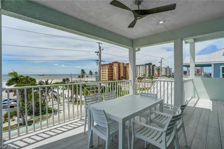 Deck featuring ceiling fan and a GULF SUNSETS view - Virtually Edited Image