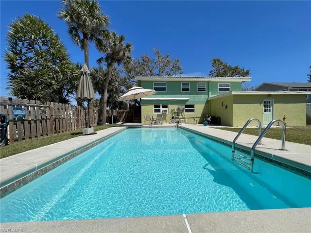 View of swimming pool with a fenced in pool, a patio area, and fence