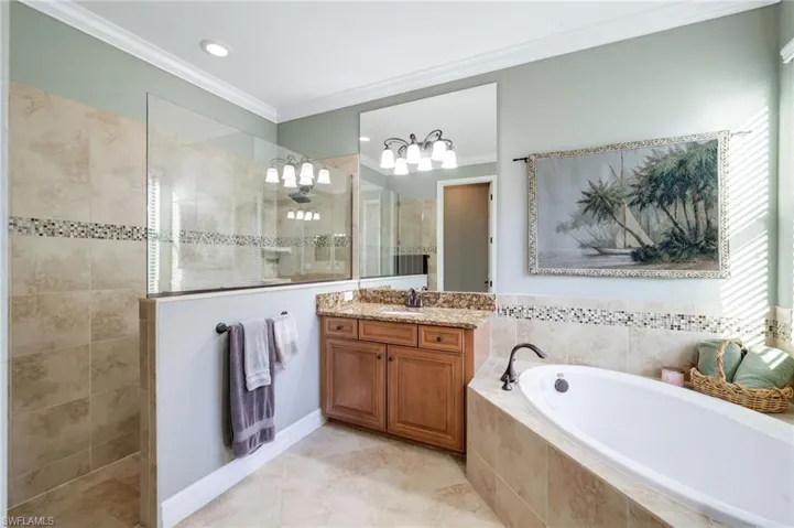 Dual Sinks and Separate Tub and Walk-In Shower
