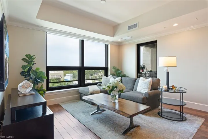 Living room featuring ornamental molding, wood finished floors, and a tray ceiling