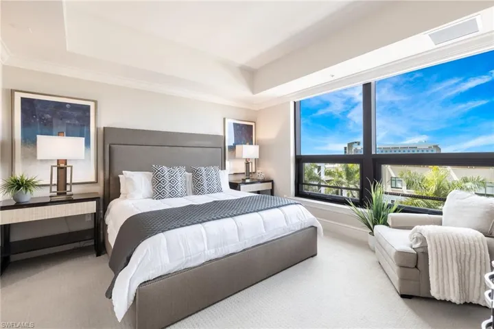 Bedroom featuring magnificent view and  crown molding, carpet flooring, and a tray ceiling