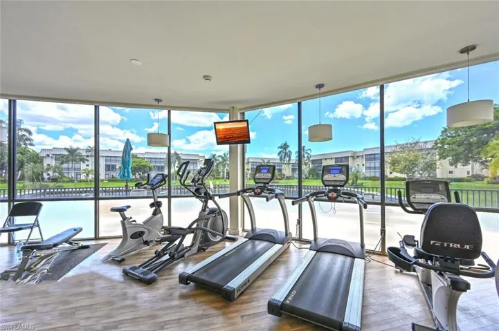 Exercise with view of lake, or watch television.  More available, such as weights, cold water to refresh.