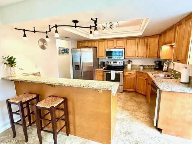 Kitchen featuring a breakfast bar area, a raised ceiling, light stone counters, and appliances with stainless steel finishes