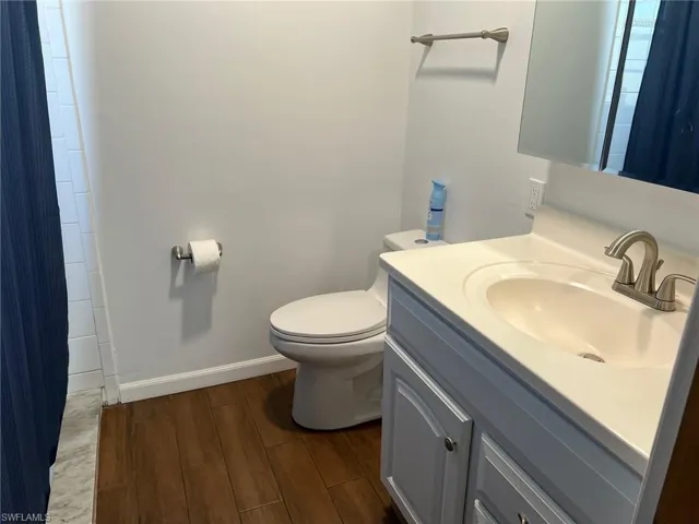 Full bath featuring vanity, dark wood-style flooring, and a shower with shower curtain