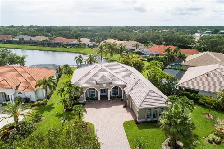 Birds eye view of property with a water view