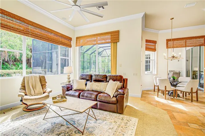 Bright family room with access to pool