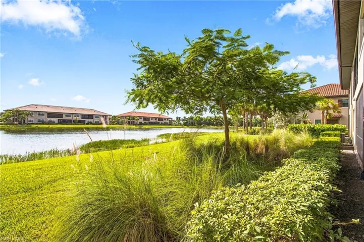 Waterfront property with verdant landscaping, mature trees, and a clear blue sky