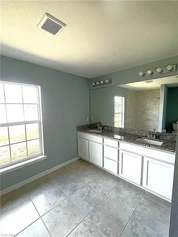 Primary bathroom with double vanity and granite countertop.