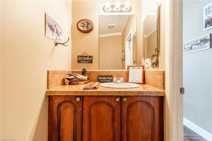 Bathroom with vanity and ornamental molding