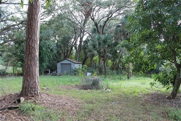 View of yard with a storage unit