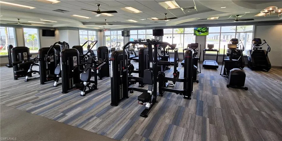 Workout area featuring dark carpet, ceiling fan, a raised ceiling, and a healthy amount of sunlight
