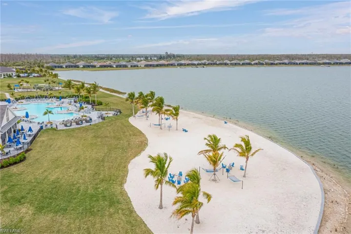 Bird's eye view featuring a lake and beach view