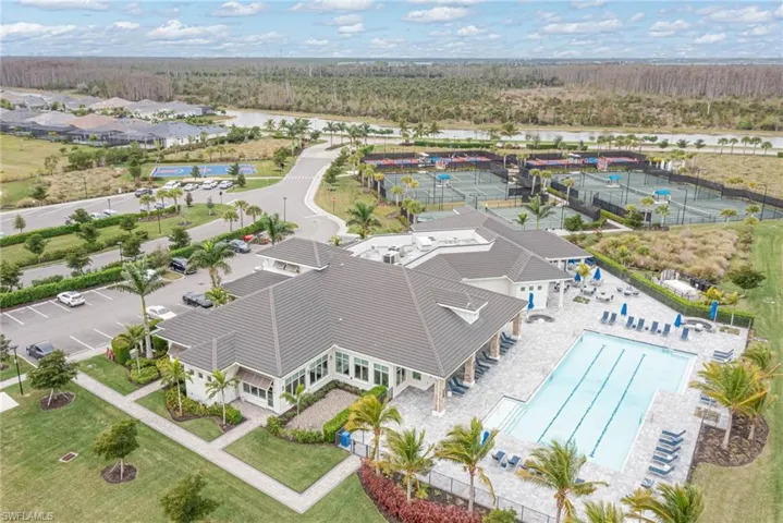 Drone / aerial view of lap pool and amenity building