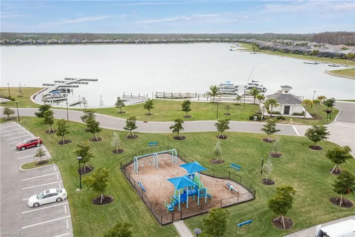 Bird's eye view of play area with a lake view