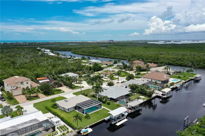 Aerial view of residential area with a large body of water and a forest