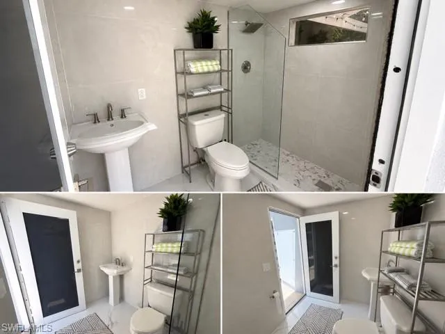 Property Listing Photo. Depicting a bathroom with a pedestal sink, toilet, and shower enclosure
