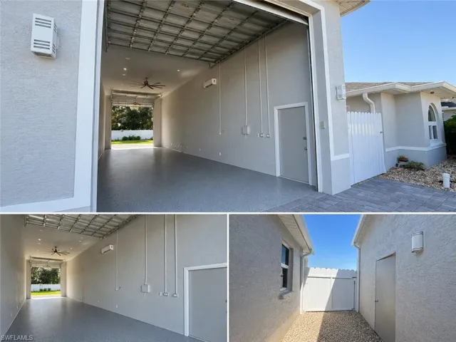 Property Exterior and Interior. Depicting the empty space with a roll-up door and exterior views of the property