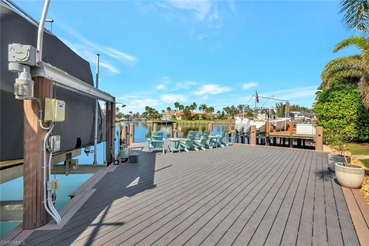 Deck with a water view and a dock