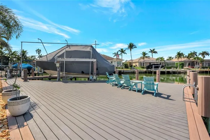Deck with a water view and a dock