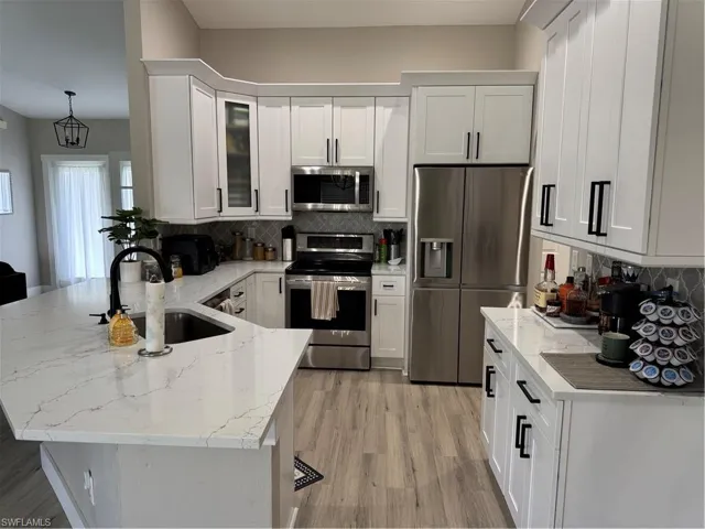 Spacious kitchen featuring an extended peninsula with a built-in sink, white cabinetry with matte black hardware, stainless steel appliances, a patterned tile backsplash, and wood-finish flooring