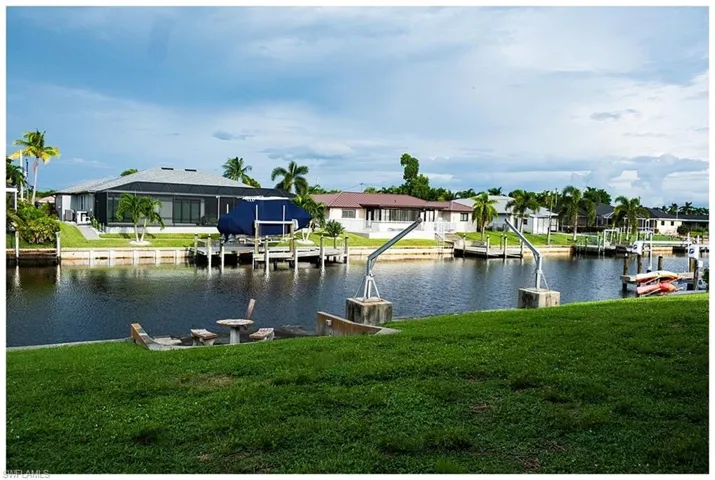 Property view of water with a dock