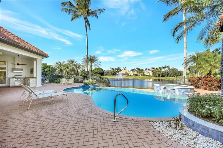 View of pool featuring an outdoor kitchen, a patio, a fenced backyard, and a water view