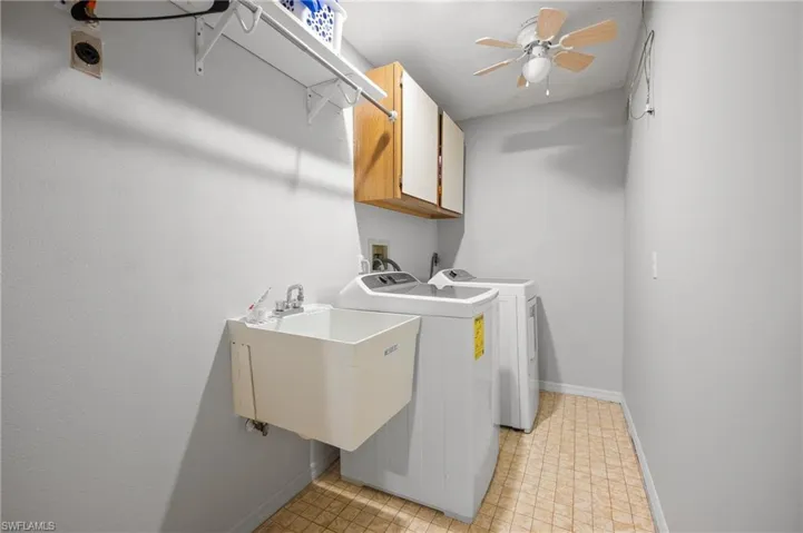 Dedicated laundry space featuring a utility sink, upper cabinetry, and a ceiling fan