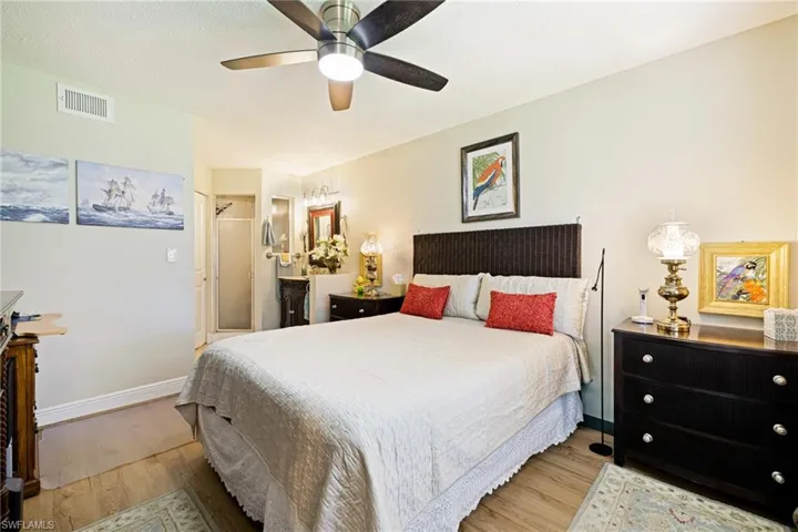 Bedroom featuring light wood-style floors and ceiling fan