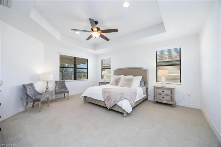 Bedroom featuring ceiling fan, a raised ceiling, and light colored carpet