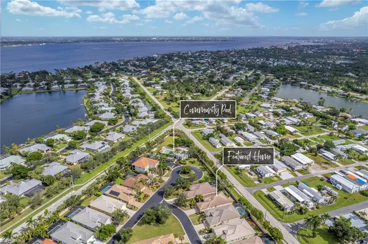 Aerial view of the home's location with nearby Community Center with Pool.