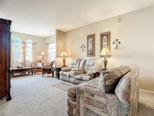 Carpeted living room with a textured ceiling